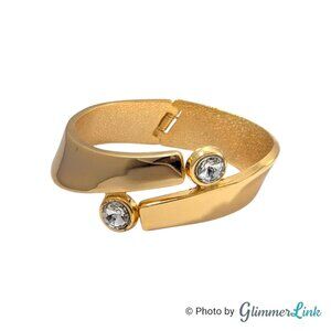 Vintage Modernist Clear Rhinestone Accents Gold Tone Hinged Cuff Bracelet